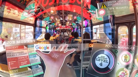 HYPER-REALITY (2017) - a screengrab of a person on a bus heavily augmented with virtual interfaces - from advertisements, notifications, the news, and a ‘points system’