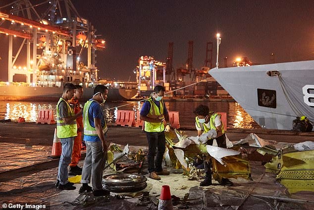 That crash came less than a year after another flight on a Boeing 737 MAX jet, which left 189 people dead in Indonesia. Pictured are inspectors at the site of the Lion Air Flight crash in November 2018