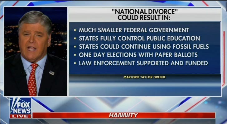Screenshot from Sean Hannity show on the potential "benefits" of secession, including that "states could continue using fossil fuels."