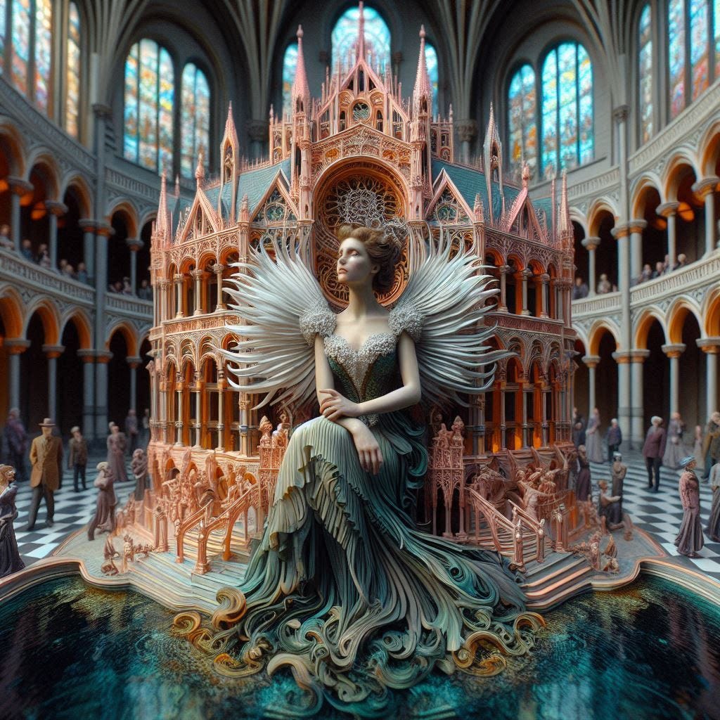 hyper realistic tiltshift 5d angle glass embedded Altgeld hall building/ black,coral orange, pink, cream, olive/ woman inside Altgeld hall in olive,chartrues,midnightblue, white Victorian bust / drewhite feather scarf/ psychadelic steampunk headress/she is sitting on a unicorn. water in resin/ honey-wood and copper/ Marquetry, verdigris./ standing on stage/ people dancing in distance/ In the style of Michael Parkes. black etching/ black linework/ white tiger / black sky 