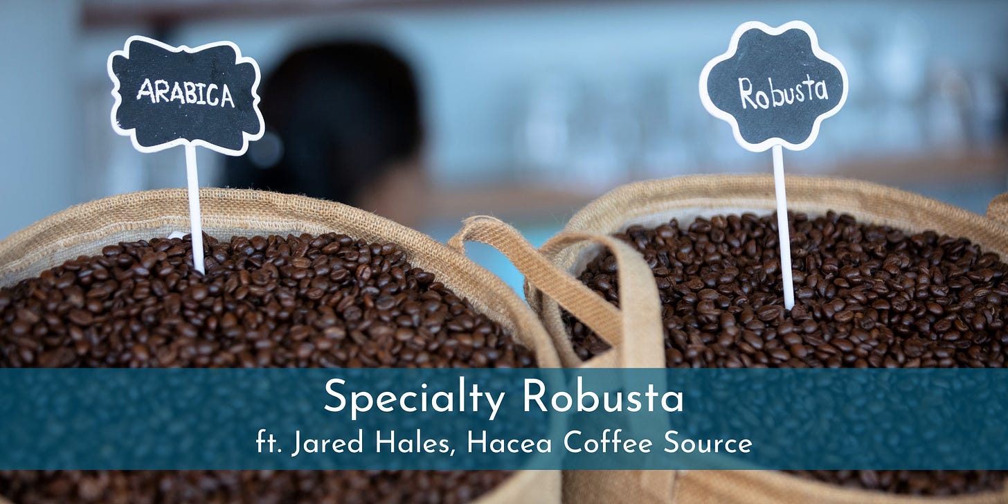 A header banner over two burlap sacks open enabling us to see roasted coffee beans. One bag is labeled Arabica and the other Robusta.