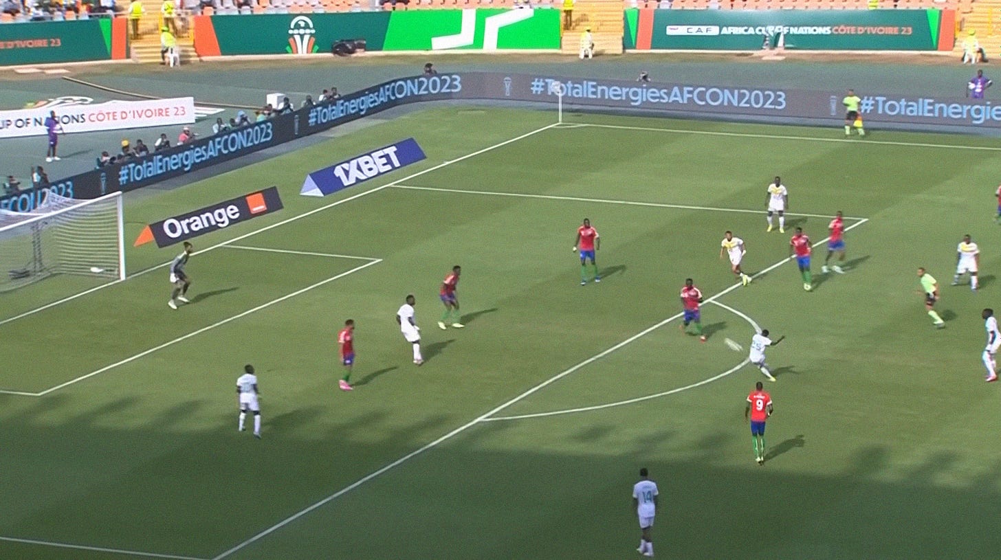 A screenshot of Senegal's Lamine Camara scoring his second goal in the 2023 AFCON game against Gambia.