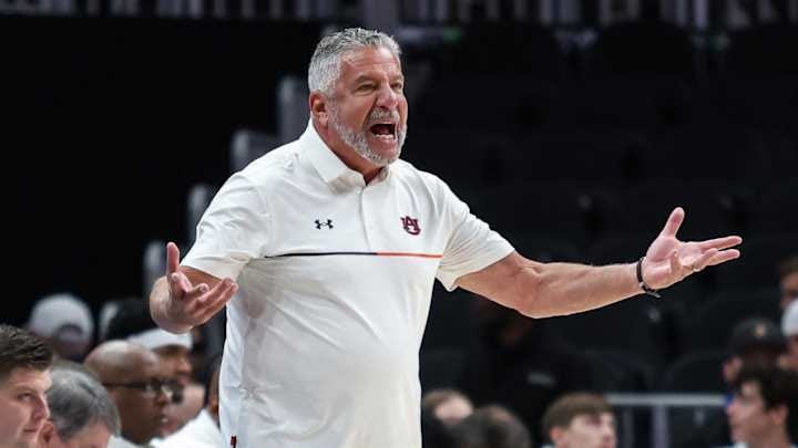 Dec 14, 2024; Atlanta, Georgia, USA; The Auburn Tigers head coach Bruce Pearl in the game against the Auburn Tigers during the first half at State Farm Arena.