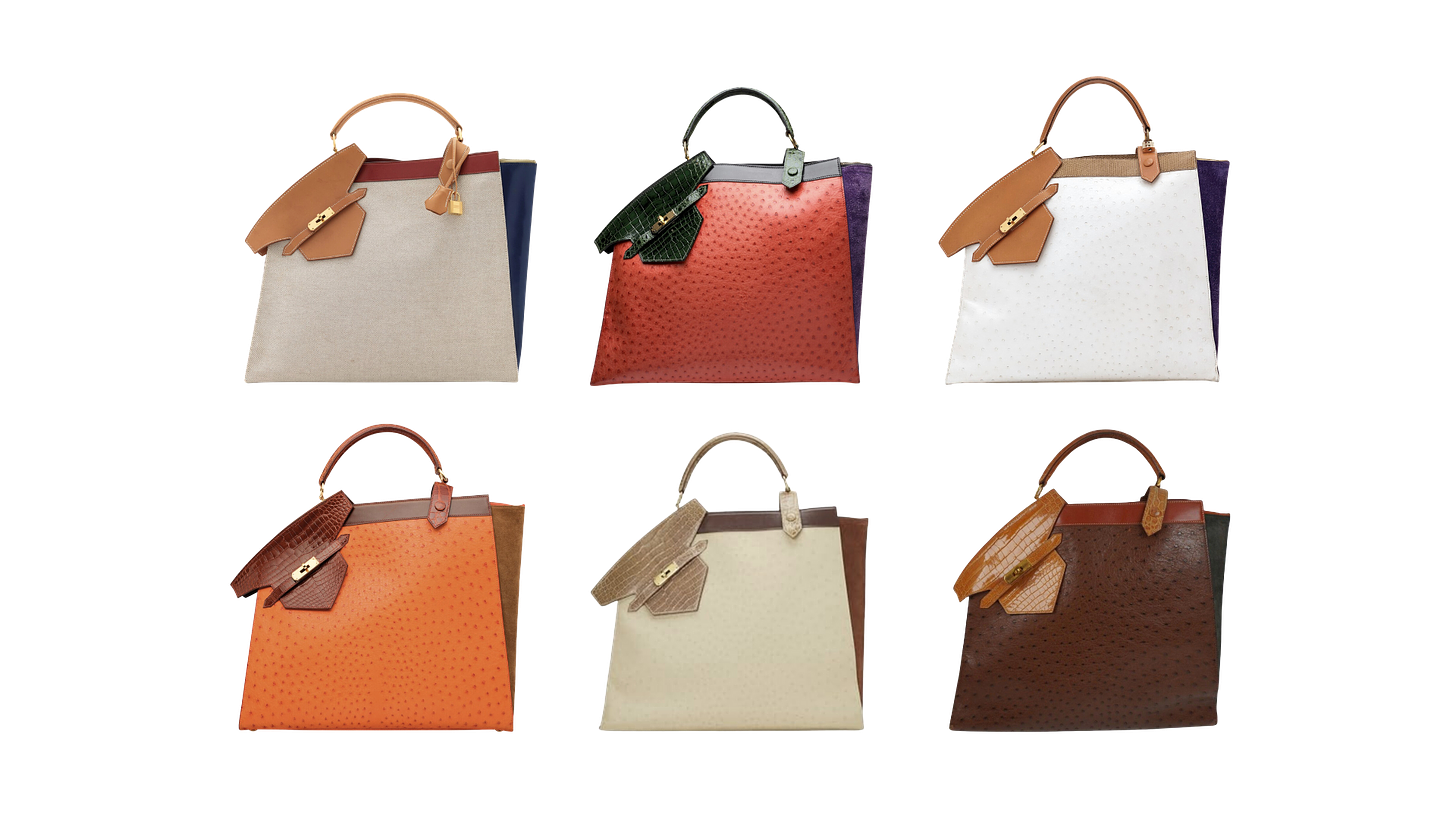 Six Colorways of the Hermes Sac Himalaya (I have also seen a Blue version but my only photo of it is low quite low quality)