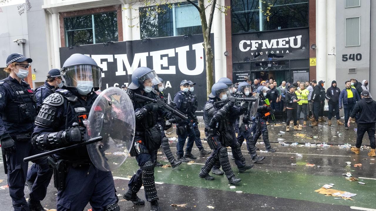 Riot police arrived at the scene as the protest escalated. Picture: NCA NewsWire / David Geraghty