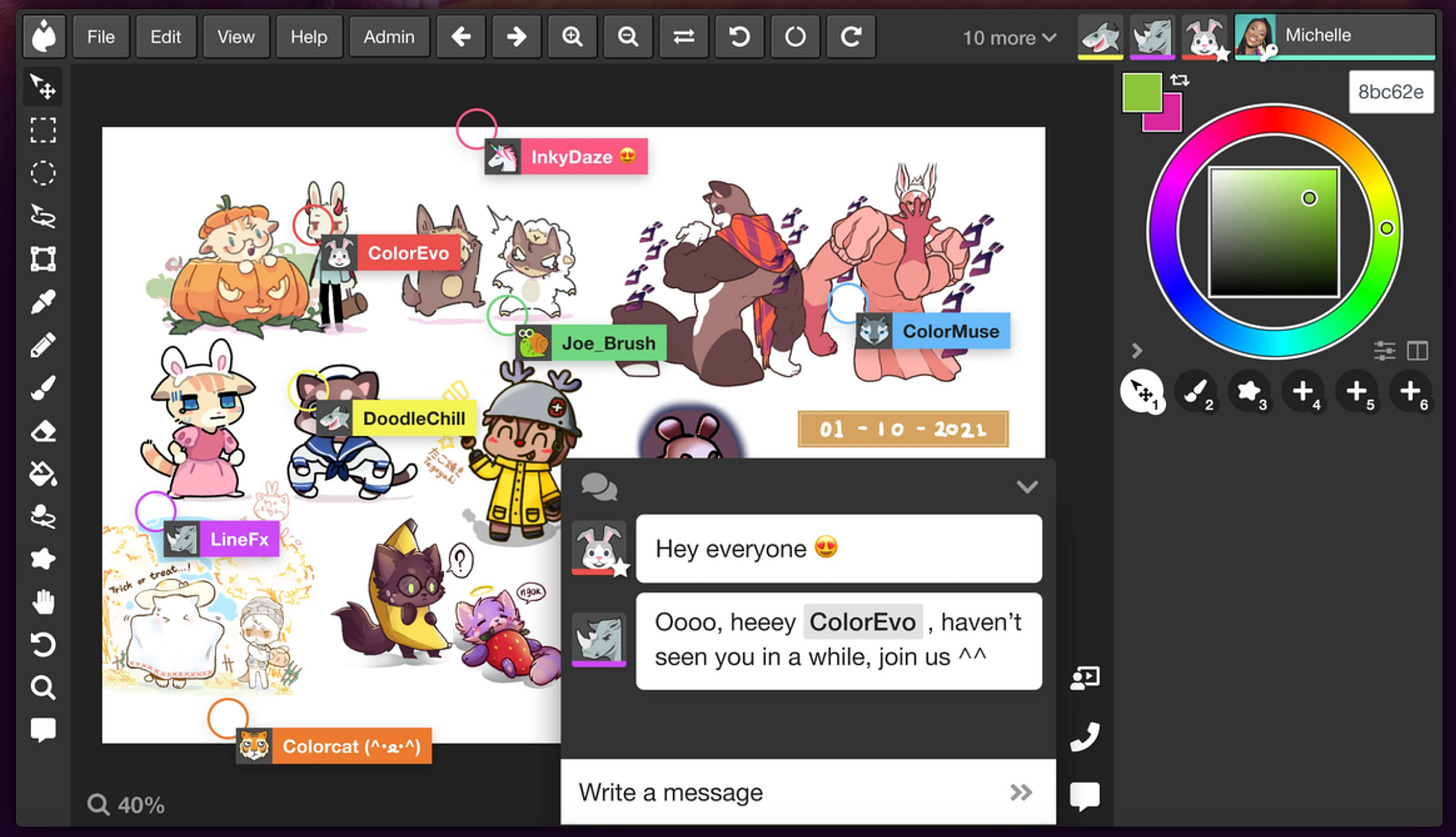 Image depicts a collaborative drawing app with several users present. On the bottom is a text chat with messages that read: "Hey everyone. Heart eyes emoji. Oo, hey ColorEvo, haven't seen you in a while, join us."