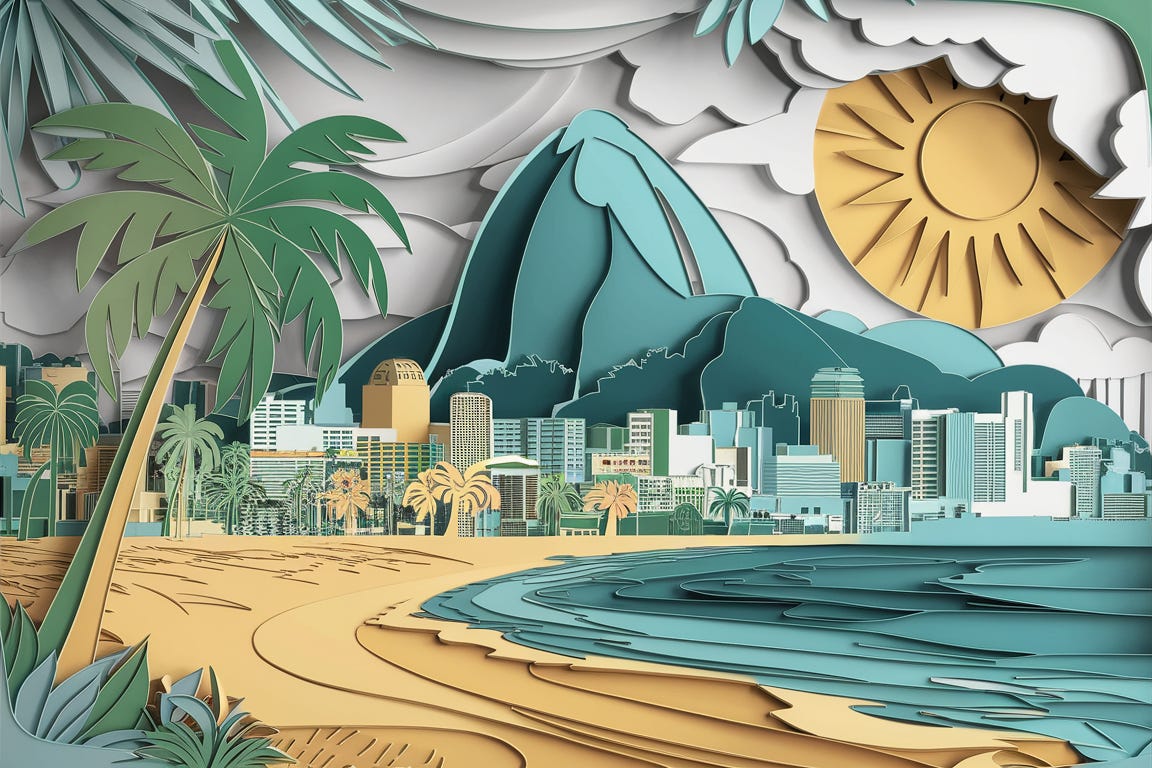 layered papercut illustration of Rio De Janeiro, showing the beach and the mountains behind, pastel colours with yellow, green, blue and white tones