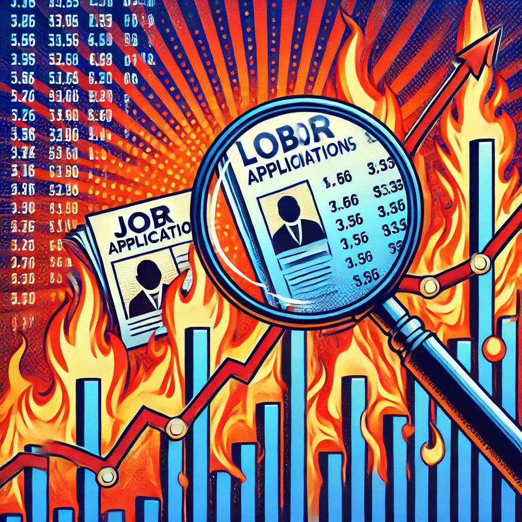 A vibrant pop-art style illustration depicting the U.S. labor market overheating. A dramatic financial chart with steep upward trends, flames engulfing job applications and a magnifying glass distorting the market data, creating an optical illusion effect. The scene should emphasize the tension between economic growth and market speculation, using bold reds, oranges, and blues with dynamic patterns. Keep a clean, professional aesthetic with sharp lines and minimal shading for clarity. Format: 16:9, 1920x1080 resolution.