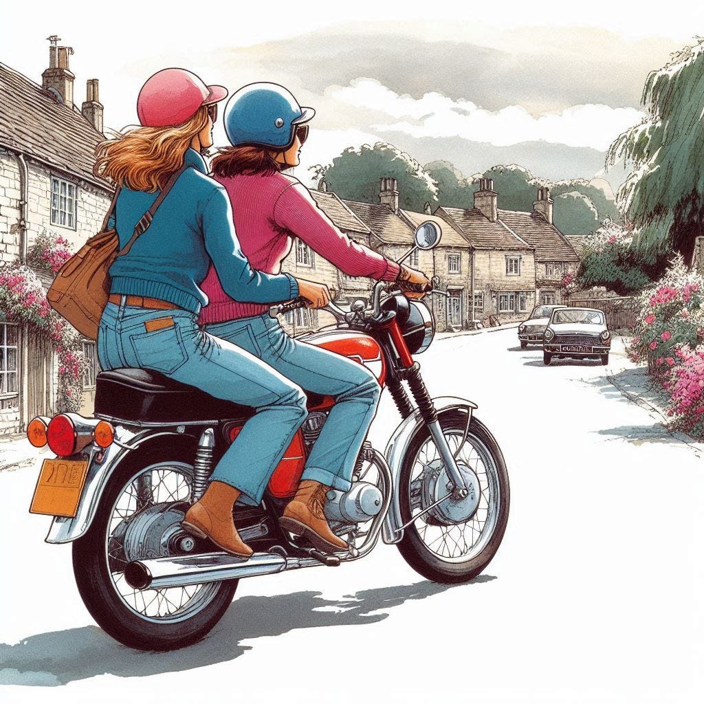 Two women on a motorbike. Image by Bing.