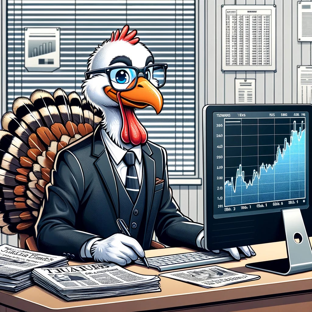A cartoon turkey wearing a business suit and glasses, sitting at a desk with a computer showing stock market graphs, surrounded by financial newspapers and holding a pen, in an office setting.