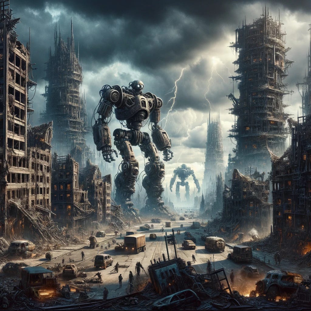 A dystopian scene of a machine apocalypse. Ruined cityscapes with towering, twisted metal structures resembling giant robots. Skies filled with dark clouds and occasional lightning strikes. Streets are littered with abandoned vehicles and debris. In the foreground, a few small groups of survivors, dressed in makeshift armor, are seen hiding and planning their next move. The atmosphere is tense and foreboding, emphasizing a world dominated by machines gone rogue.