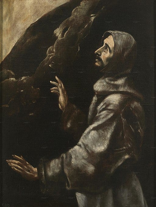 image: Saint Francis of Assisi in spiritual ecstasy, as painted by El Greco or one of his students