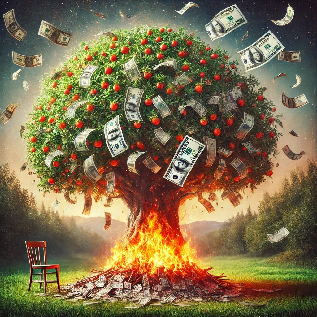 A surreal image of a large tree with its branches laden with money as fruit, such as dollar bills. The tree is set against a natural background, with money fluttering down from the branches. At the base of the tree, a fire is blazing, fueled by the falling money. The flames are bright and vivid, contrasting with the green leaves of the tree and the colorful currency. The scene has a dreamlike quality, with the concept of wealth being consumed in the fire.