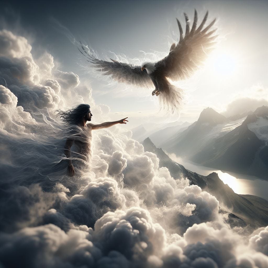 Hyper realistic tilt shift; resin dark haired man with his spirit surrounded by white clouds high above the mountaintop. A huge eagle flys by in foreground. Man is looking through clouds down through time to the land below. He is a part of the mist and the sky. The sun is made of potential and ethereal bliss.
