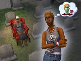 The official Maxis image of Olive Specter and Ophelia Nigmos. Olive is seated in an armchair surrounded by graves, and Ophelia is thinking of her boytoy alien hybrid BF, Johnny Smith.