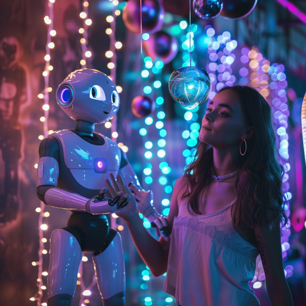 A cute robot juggling in front of a young woman—Midjourney