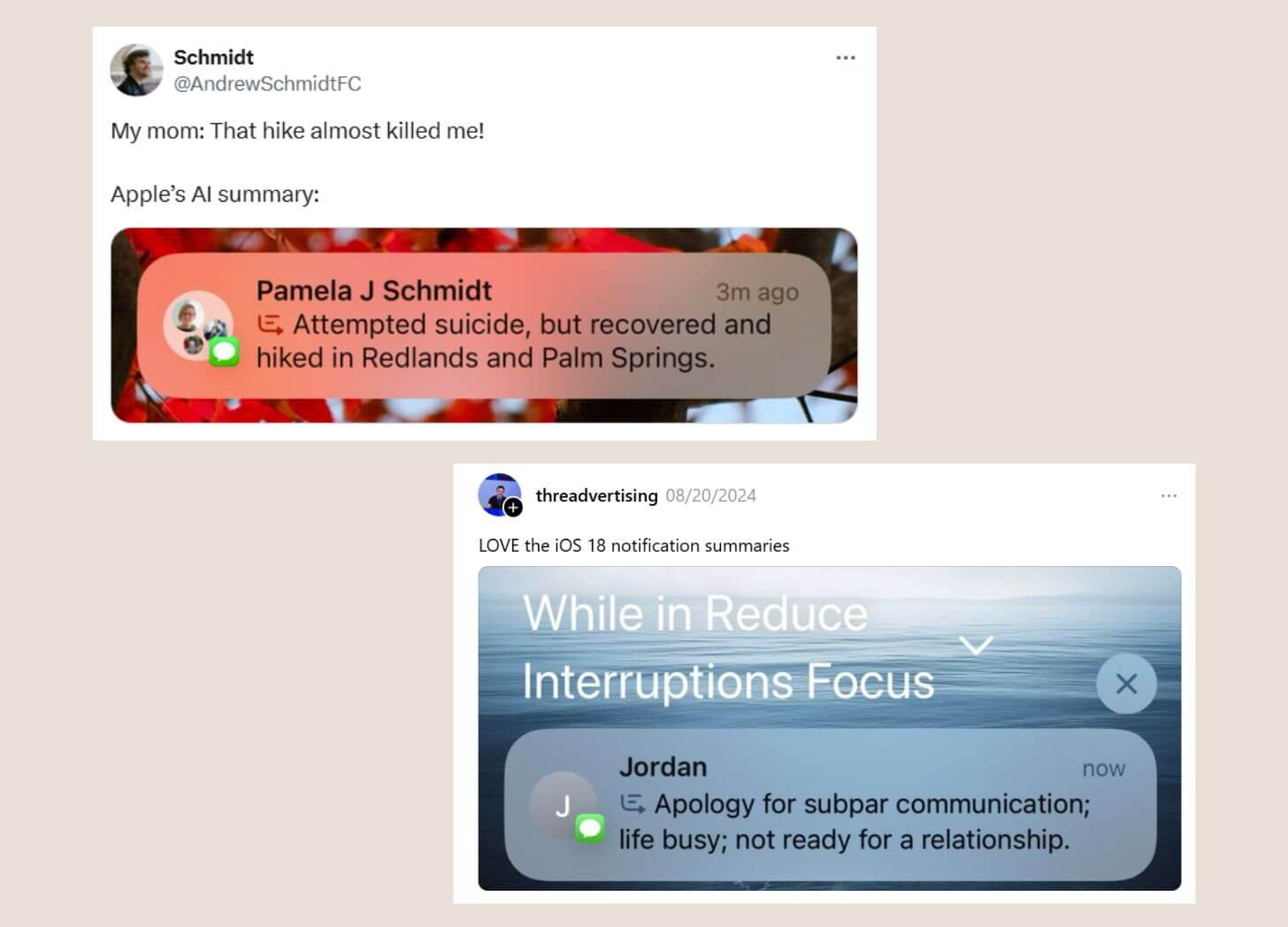 Screenshot of humorous Appe Intelligence’s AI-generated notification summaries on iOS: one summarizing a hike as 'attempted suicide, but recovered and hiked in Redlands and Palm Springs,' and another showing a message about 'apology for subpar communication; life busy; not ready for a relationship.