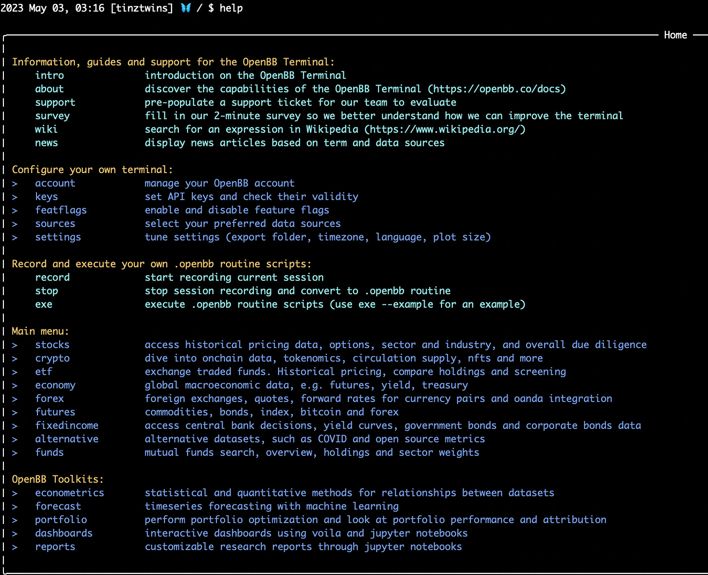 OpenBB Terminal Hilfemenü (Screenshot von den Autoren)