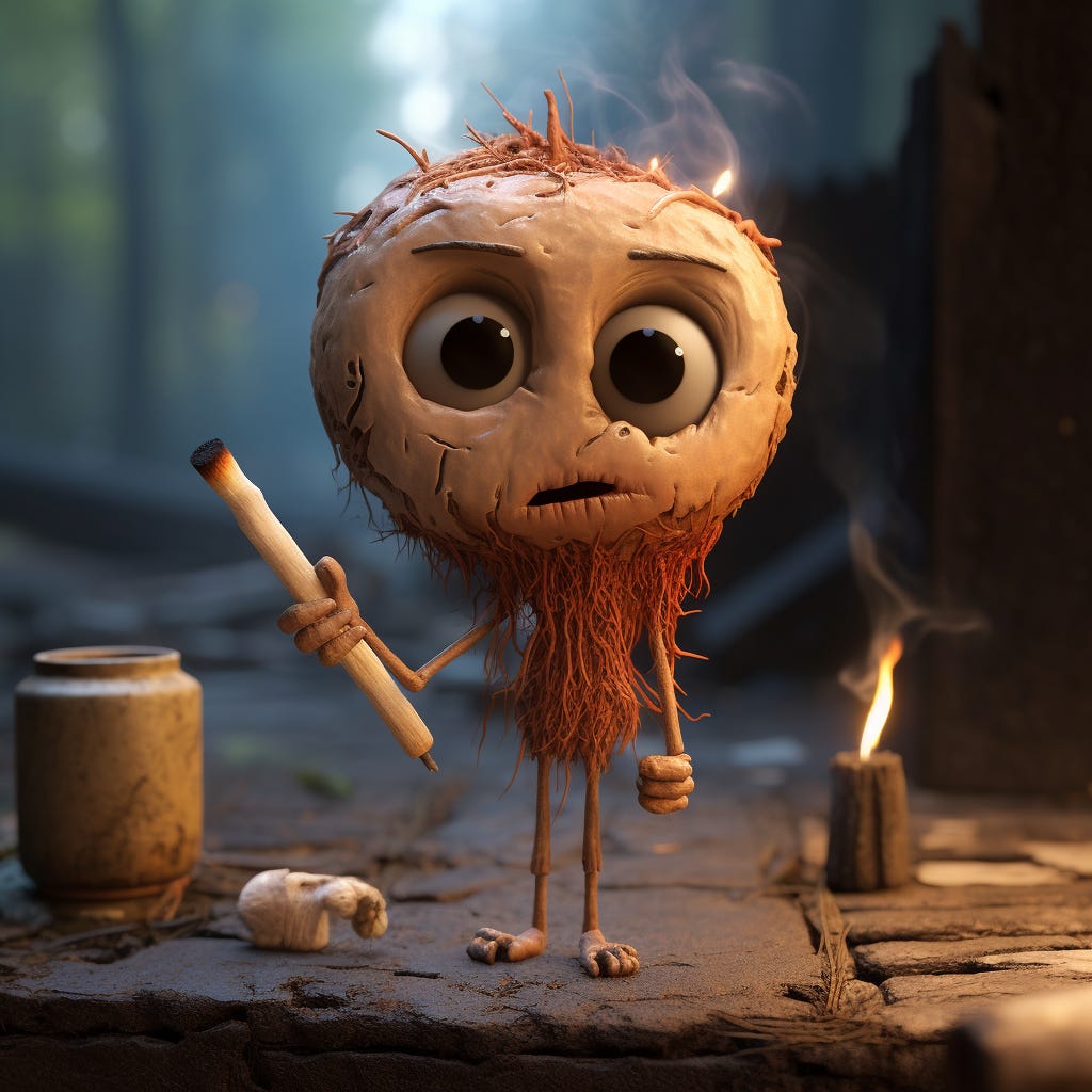 A character holding a burnt out matchstick