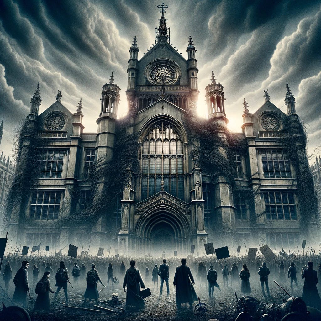 A dystopian scene of a college, visually representing corruption and unrest. The central focus is an imposing, gothic-style college building, its once grand architecture now appearing dilapidated and overrun with dark, ominous vines. Around the building, a group of student activists are depicted, their expressions intense and determined, holding signs with vague symbols of dissent. The sky above is overcast and stormy, adding to the atmosphere of tension and chaos. The scene is devoid of any modern technology, giving it a timeless, allegorical quality.