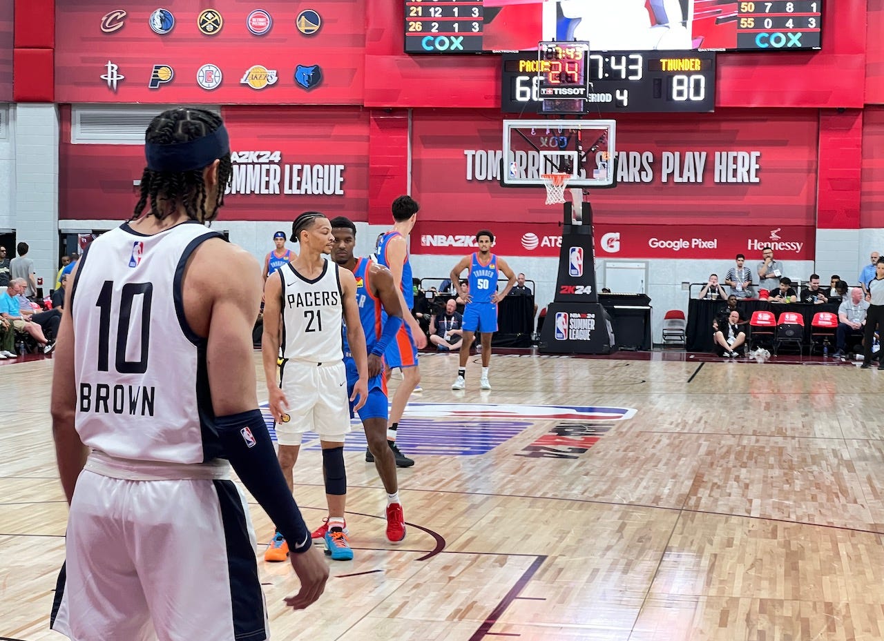 Pacers forward Kendall Brown inbounds the ball at summer league.