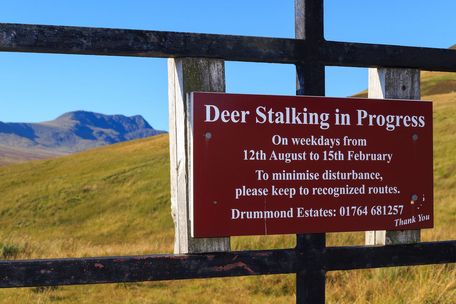 Sign on a high gate across a track on Drummond Estates warning of Deer Stalking in Progress from 12th August to 15th February © Felicity Martin