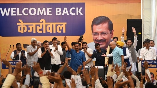 Arvind Kejriwal announced his resignation while addressing AAP workers in Delhi (Arvind Yadav/Hindustan Times)