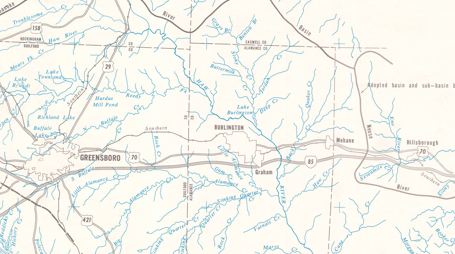 map of a portion of the Haw River basin