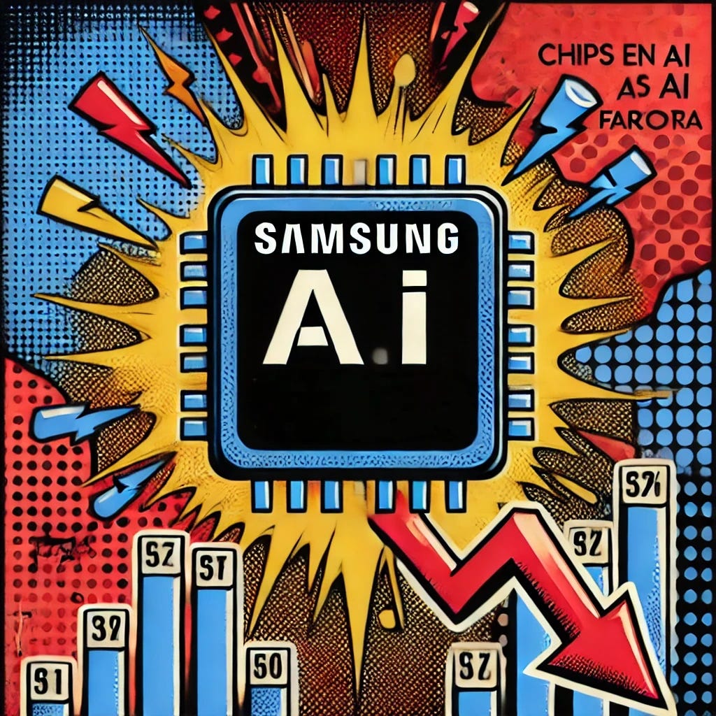 A bold pop-art style illustration titled 'SAMSUNG EN PROBLEMAS: RETRASOS EN CHIPS AI LE PASAN FACTURA.' The central focus is a Samsung AI microchip designed as a jigsaw puzzle with missing pieces. The missing pieces reveal glowing red financial charts with downward arrows and stock market graphs, emphasizing financial struggles. The word 'Samsung' should be clearly visible on the chip, blending seamlessly with the puzzle design. Sparks and broken circuits surround the chip, while the background features halftone patterns, bold outlines, and bursts of contrasting colors like red, blue, and yellow. Typography should be bold and integrated into the design. Format: 16:9, 1920x1080 resolution.