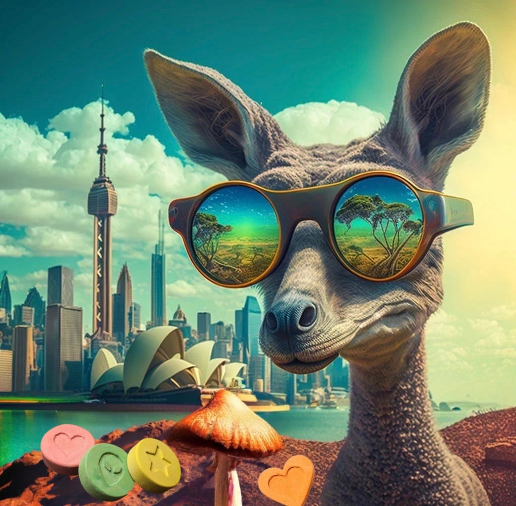 Image of kangaroo wearing sunglasses. Psilocybin mushroom and tablets of MDMA in foreground. Sydney Opera House in background. Australian outback reflected in lenses of sunglasses. 