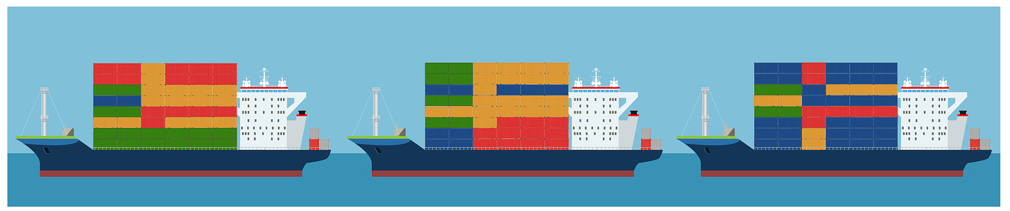 A graphic of three cargo ships laden with coloured crates in different, seemingly random patterns. 