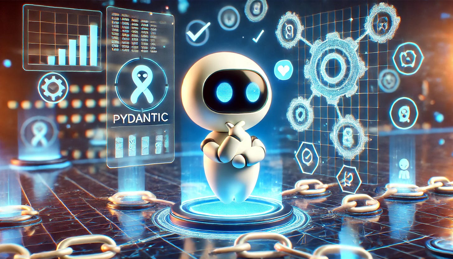 A cute AI bot, representing a PydanticAI agent thinking while surrounded by chains (representing LangChain) and screens filled with data
