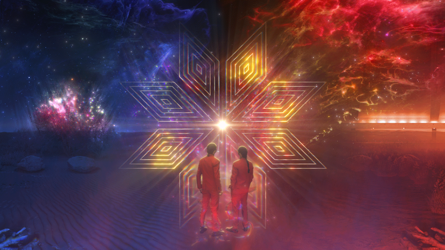 Two people stand with their backs to us. They're wearing red jumpsuits. In front of them is a series of glowing designs, including a large geometric design.