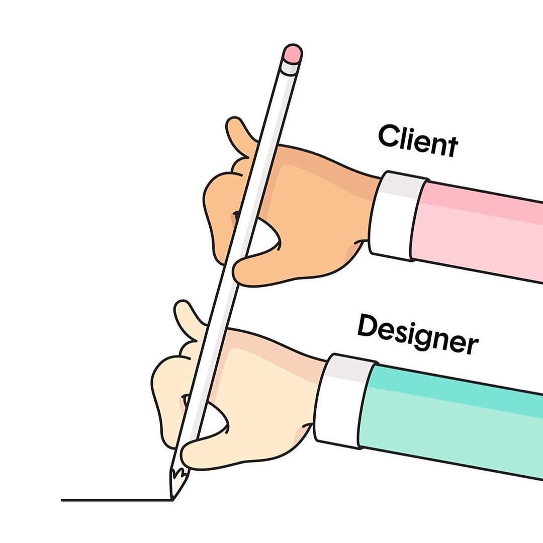 Image of a designer hand holding a pencil and drawing while the cleint also holds the top part of the pencils and guides their drawing