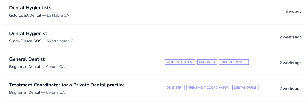 Search results showing two dental hygienist positions, one dentist position and one treatment coordinator for a private dental practice.