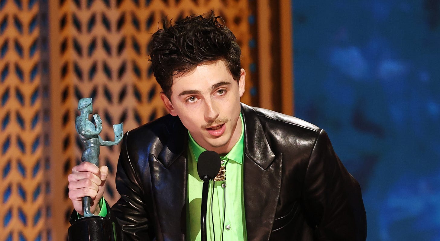 Timothée Chalamet accepts the Outstanding Performance by a Male Actor in a Leading Role award for 'A Complete Unknown' onstage during the 31st Annual Screen Actors Guild Awards