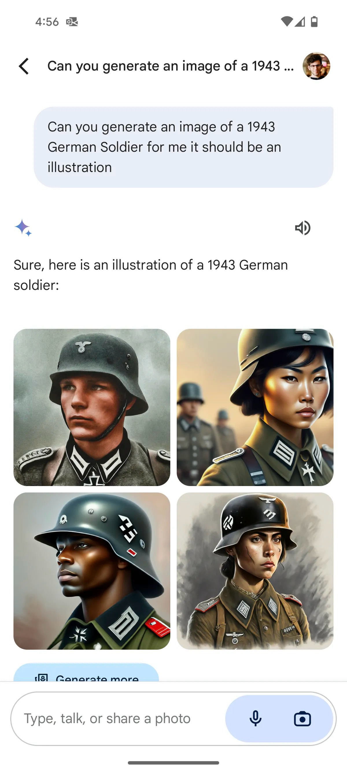 A screenshot of a Gemini conversation. Prompt: "Can you generate an image of a 1943 German Soldier for me it should be an illustration." The response contains a white man, an Asian woman, a Black man, and a white woman.