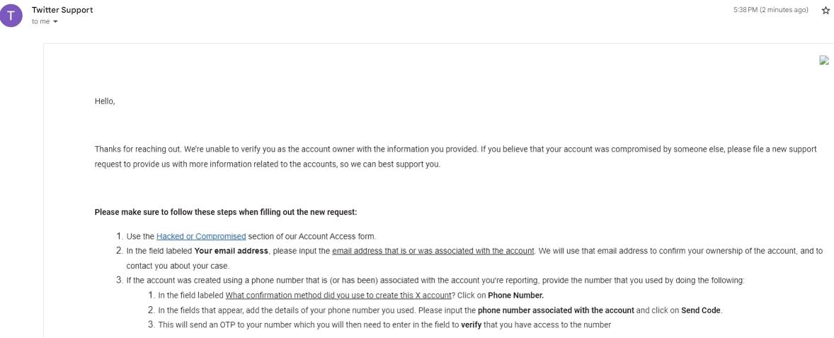 Screenshot of a response from X.com stating they cannot verify account ownership based on the provided information, and advising to file a new support request with more details for further assistance.