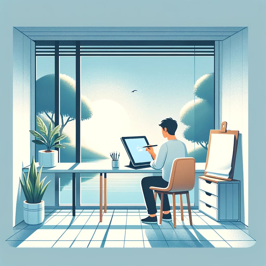 Illustrate an animated-style scene where a person is in a minimalist, peaceful room with a large window showing a tranquil outdoor view. The person is seated at a clean desk, using a digital tablet with a stylus in one hand, symbolizing digital decluttering. Beside the tablet, there's a simple notebook and a pen, representing analog planning and task management. The room has a few potted plants, adding a touch of nature. This scene conveys the use of both digital and analog tools to eliminate distractions and enhance focus on personal goals.
