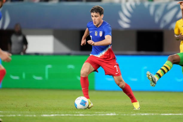 Gio Reyna of the United States dribbles towards the box during a Concacaf Nations League game between Jamaica and USMNT at AT&T Stadium on March 21,...