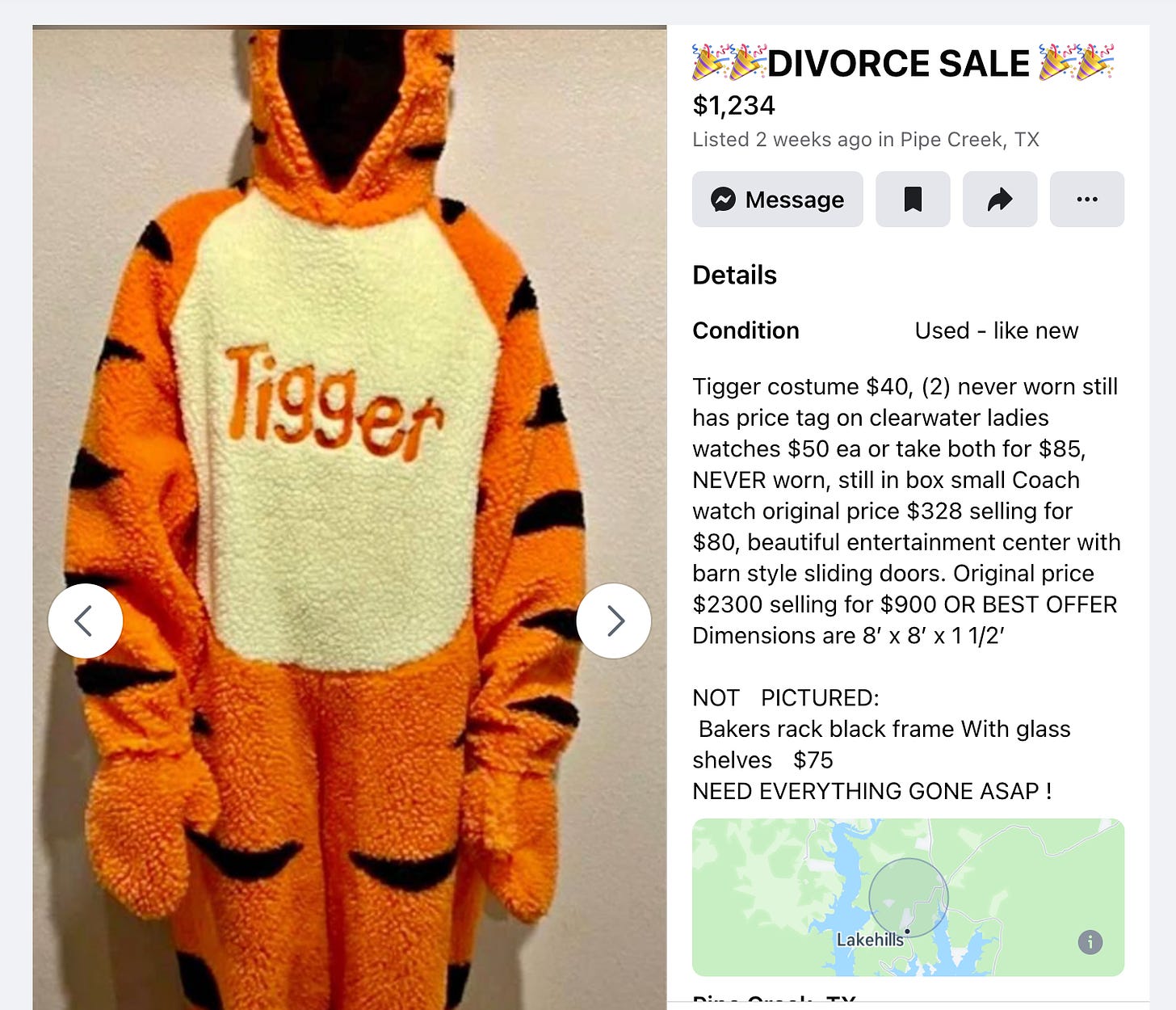 facebook marketplace listing for DIVORCE SALE. Tigger costume, $40. photo of full body Tigger costume