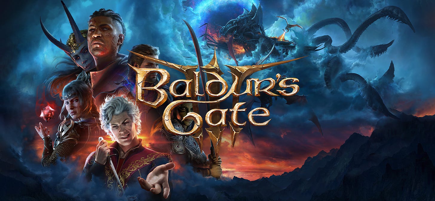 The cover art for the game Baldur's Gate III with the logo at the centre. It features several of the game's companions in a cinematic poster style to the left, overlooking the clouds amidst a sunset in the horizon, while on the top right an Illithid Nautiloid ship is being chased by dragons.