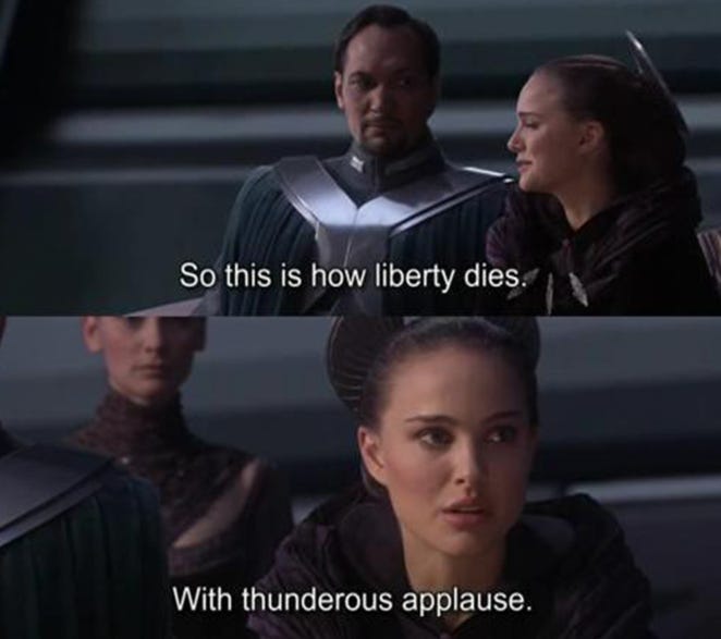 Kareem Yasin on X: "George Lucas said Padmé Amidala's quote ("So this is  how liberty dies, with thunderous applause") accurately describes the Trump  administration's efforts to erode American democracy.  https://t.co/N0yUgutZ6t" / X