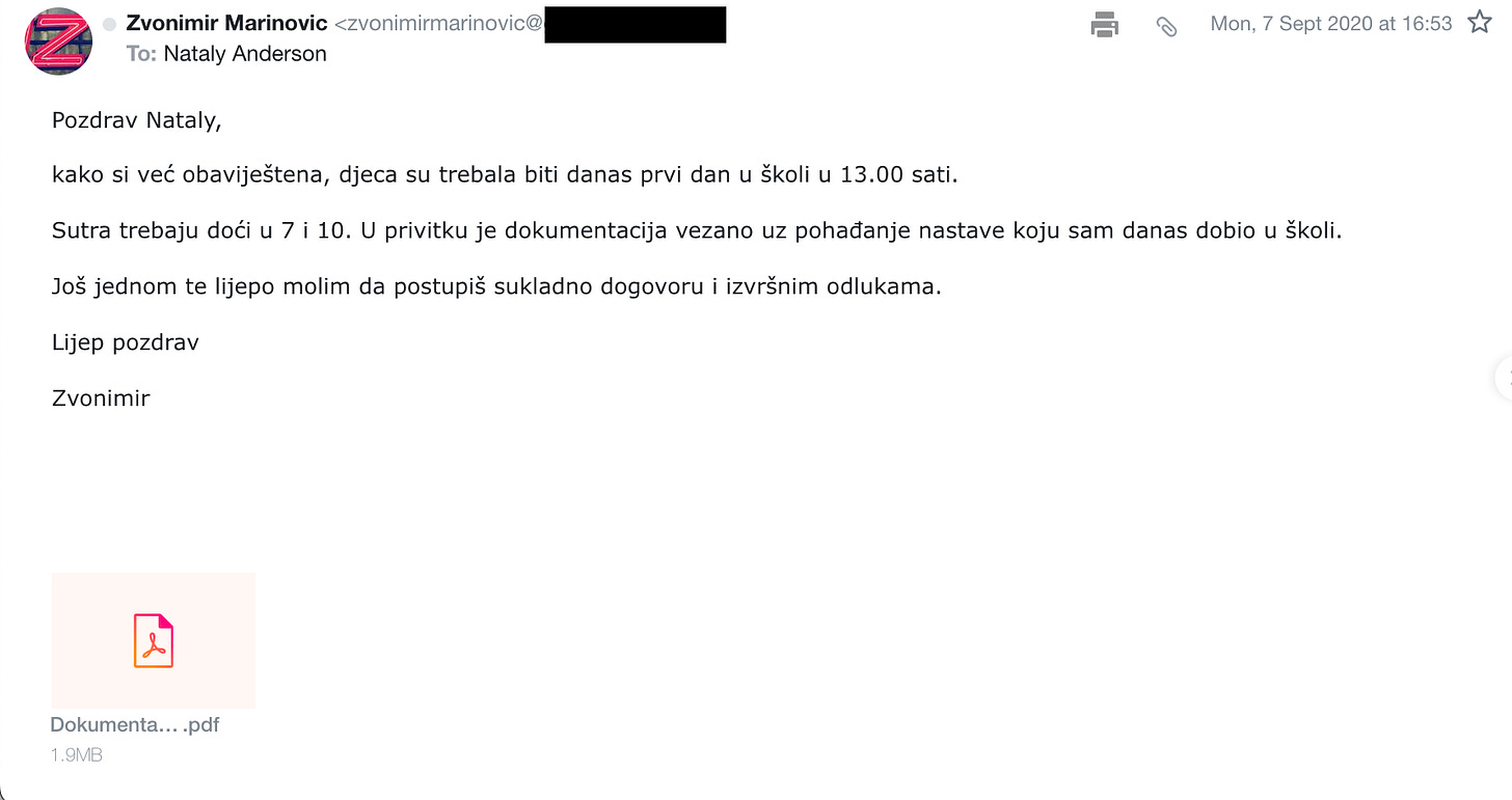 Screenshot of an email from Zvonimir dated 7 September sending documents for registering the children in school