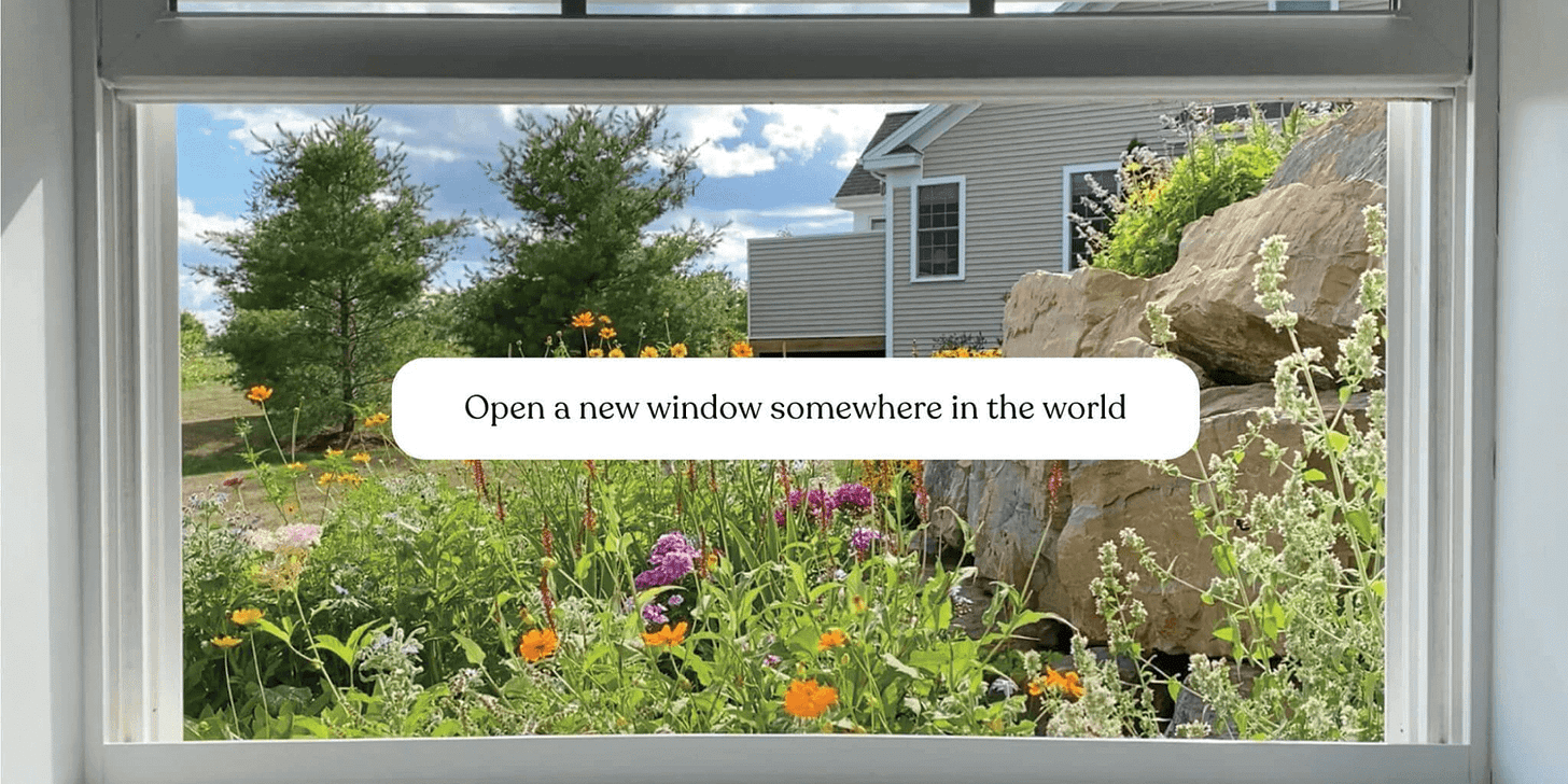 Image of a window overlooking a garden, with a speech bubble saying "Open a new window somewhere in the world"