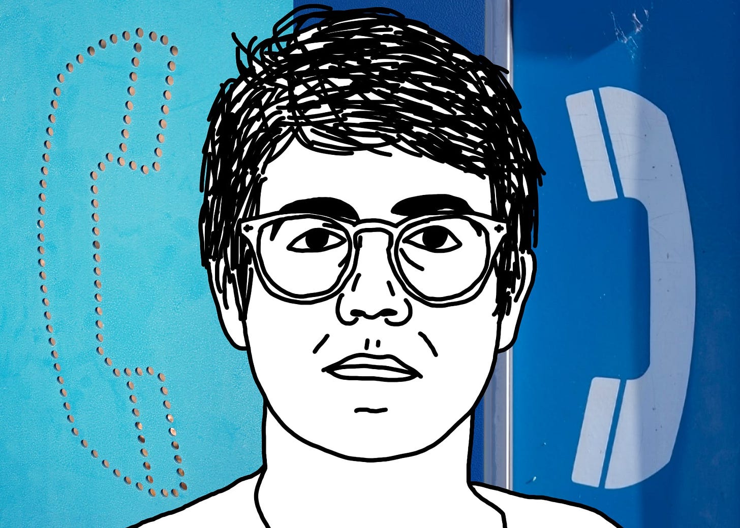 A black line drawing of Alex, the protagonist of "I Hear You Watching." He is white, short messy parted hair, glasses. He stares straight at you, unsmiling. He is flanked by two close-ups of blue pay phone box panels—one displaying the perforated shape of a handset, the other featuring a white handset symbol.
