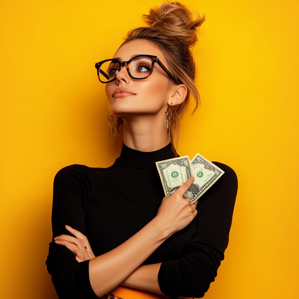 A woman holding US dollars money, wearing eye glasses and accessories with contrasting vivid colors, portrait of woman with arms crossed looking up isolated on vivid contrasting single color background, high resolution photography, high quality, detailed facial features, realistic photography style, sharp focus, stock photo