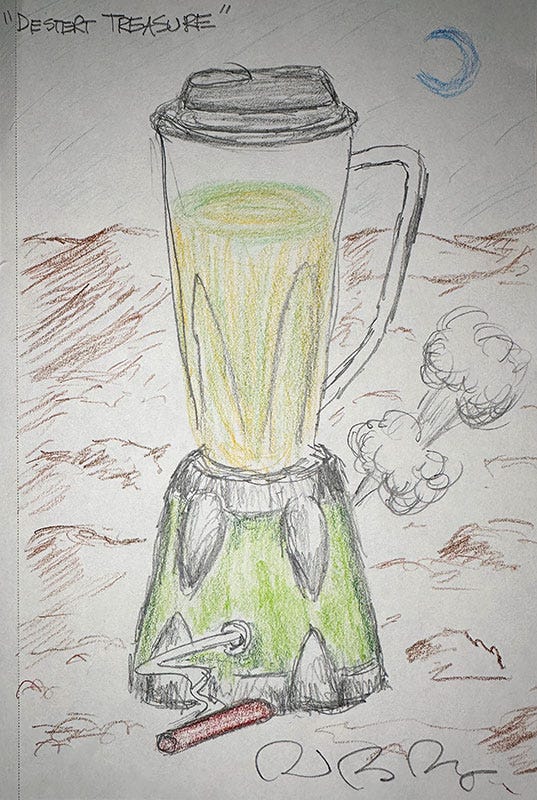 A color sketch of a blender with a lime green base and red pull-start, full of a mysterious light green substance, against a moonlit sky and desert landscape.