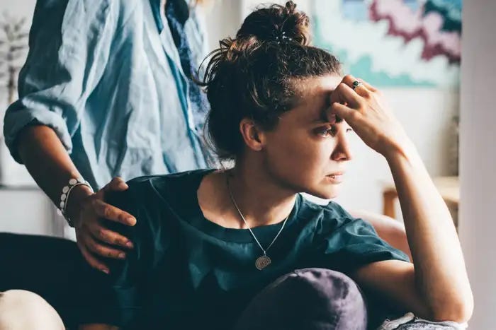 A woman appears anxious. Anxiety is less likely in people taking weight loss drugs that mimic a satiety hormone. 
