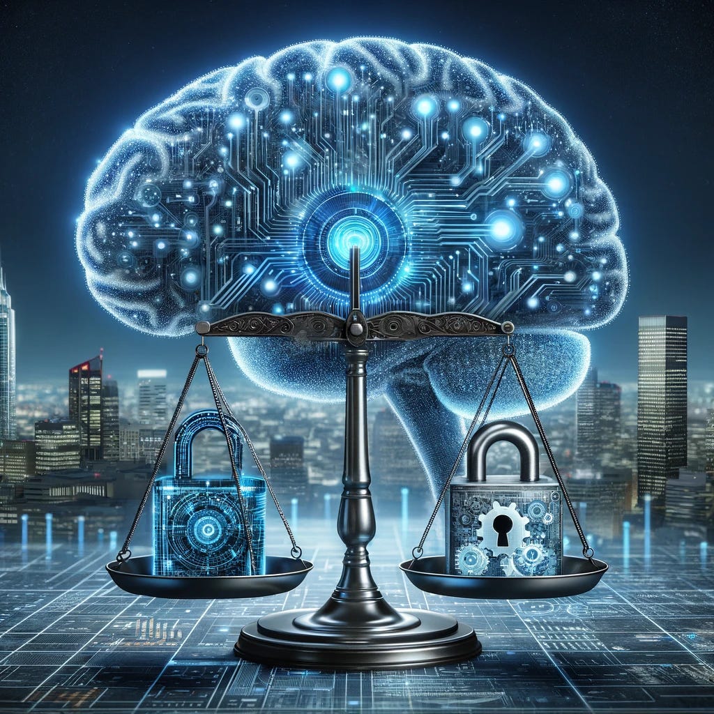 A conceptual image representing the intersection of artificial intelligence (AI) and data privacy in the finance sector. The image should depict a large, futuristic AI brain made of digital circuits and glowing nodes, positioned above a skyline of financial buildings. In the foreground, there should be a balance scale, symbolizing the equilibrium between AI and data privacy. On one side of the scale is a lock, representing data privacy, and on the other side, gears and digital elements, symbolizing AI's technological advancements. The overall atmosphere should be sleek and modern, with a blue and silver color scheme to convey a sense of technology and security.